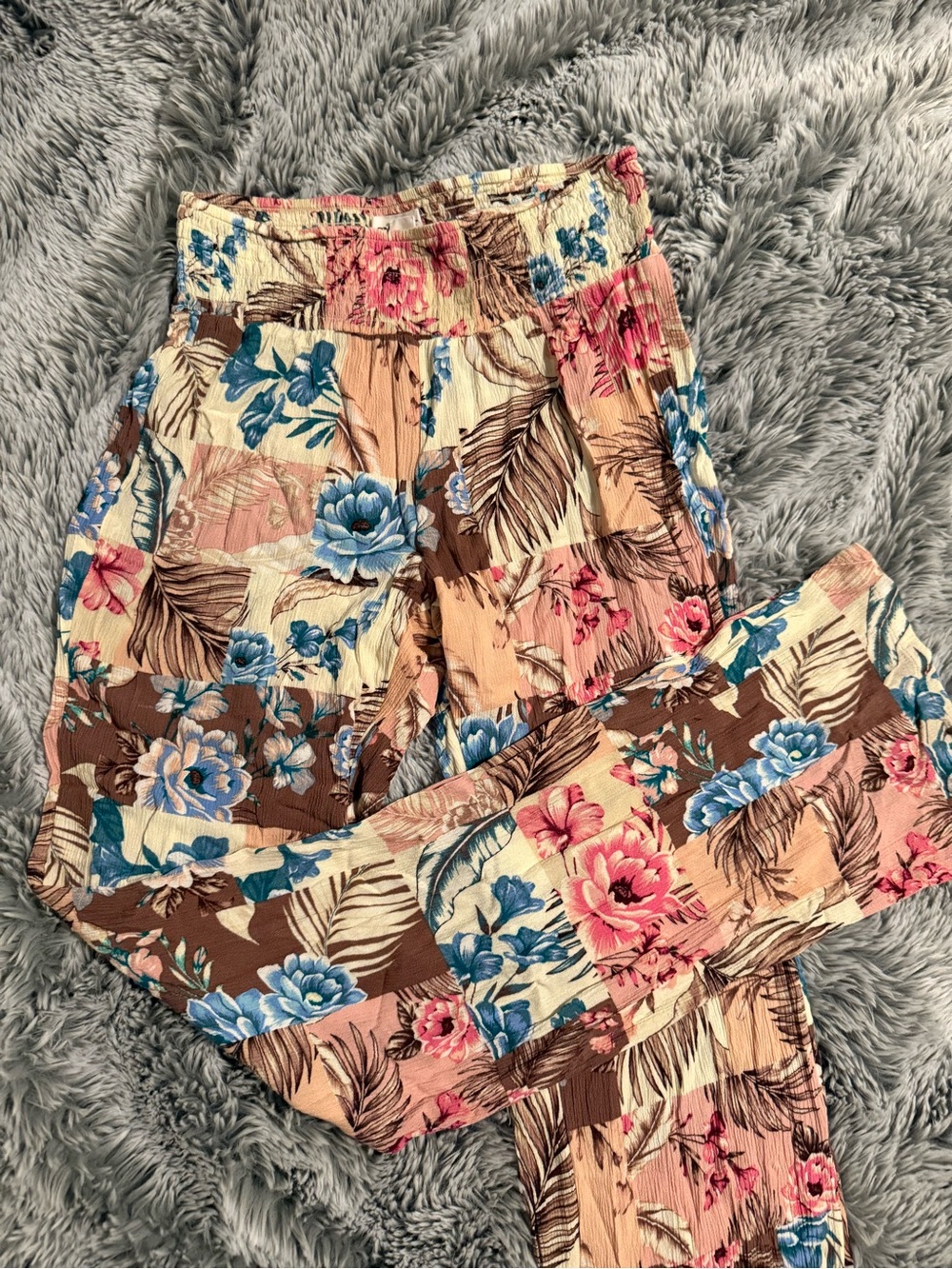 O'Neill Floral Patchwork Straight Leg Pants in Brown, Pink & Blue